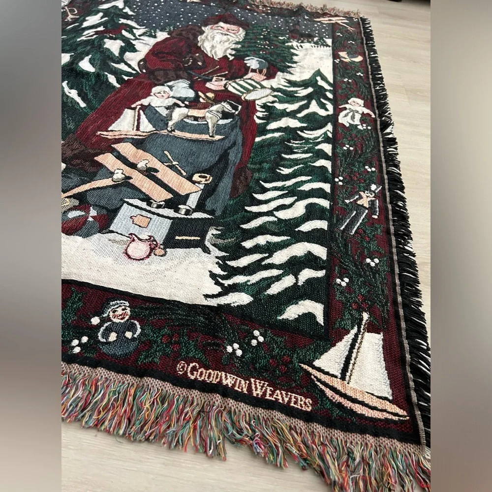 Vtg Goodwin Weavers Old World Santa Woven Blanket Victorian Christmas Throw USA